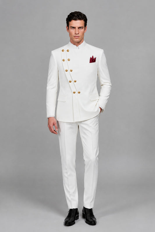 BOLODOO Men's White Asymmetrical Mandarin Collar Tuxedo Suit - Front Hero Full-Body View