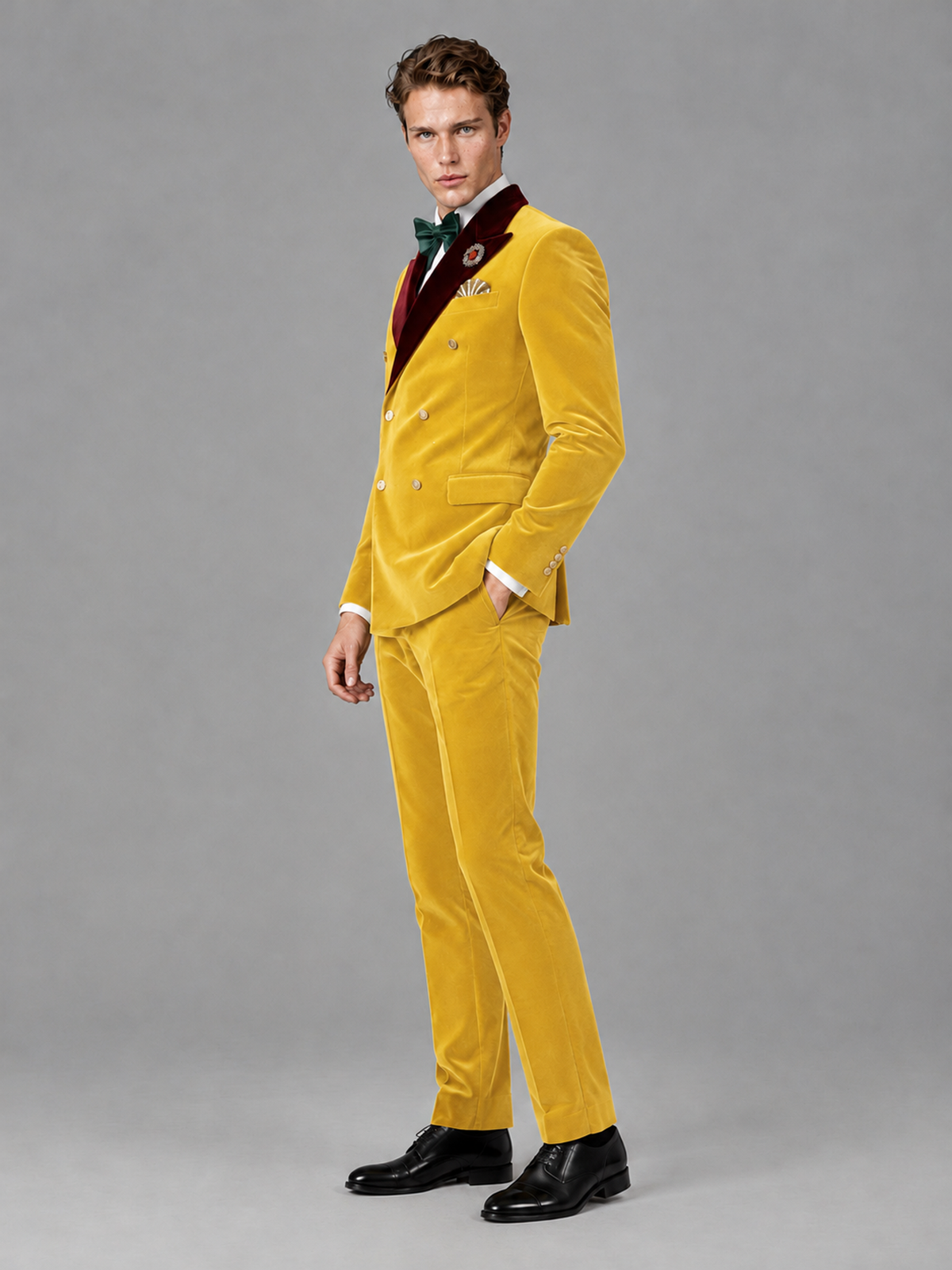 Savile Men's Yellow Velvet Double-Breasted 2-Piece Tuxedo Suit with Burgundy Peak Lapel - Yellow