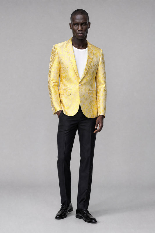 Back view of Savile yellow textured men's blazer; trousers not included