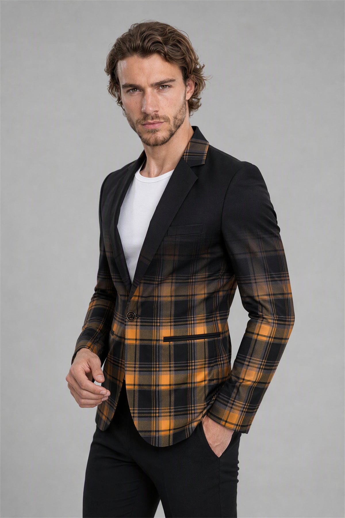 Savile Men's Amber Gold & Navy Tartan Blazer | Slim-Fit Plaid Check Jacket with Notch Lapel
