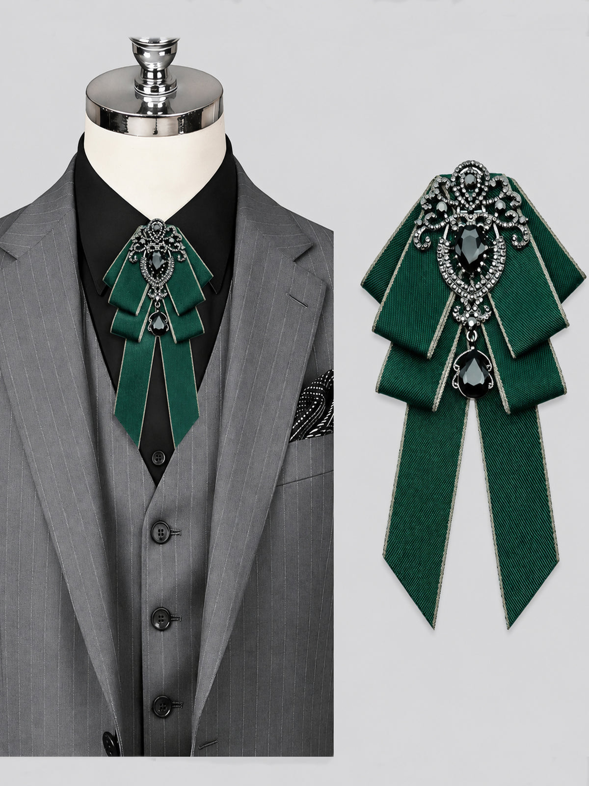 Savile PL0003 Men's Emerald Green Crystal Rhinestone Ribbon Bow Tie – Styled on suit vest and shirt