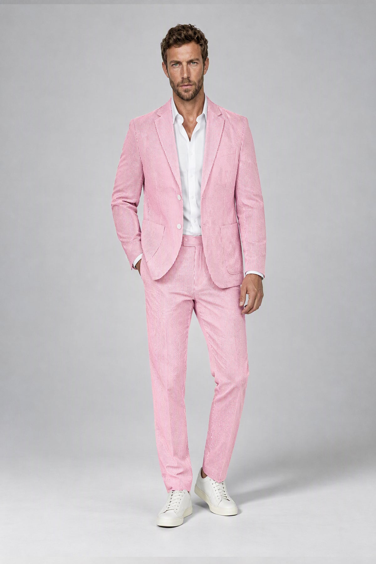 Savile Men's Blush Pink Striped 2-Piece Suit - Front view mid-stride walking pose