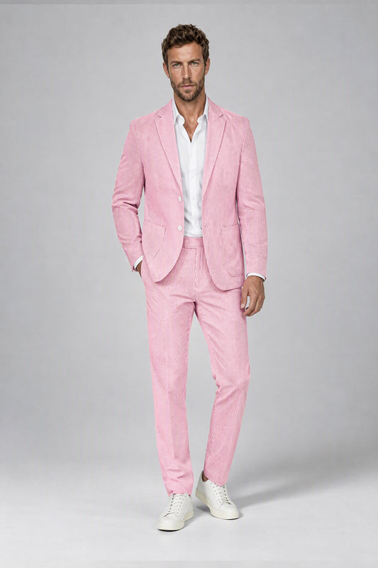 Savile Men's Blush Pink Striped 2-Piece Suit - Front view mid-stride walking pose