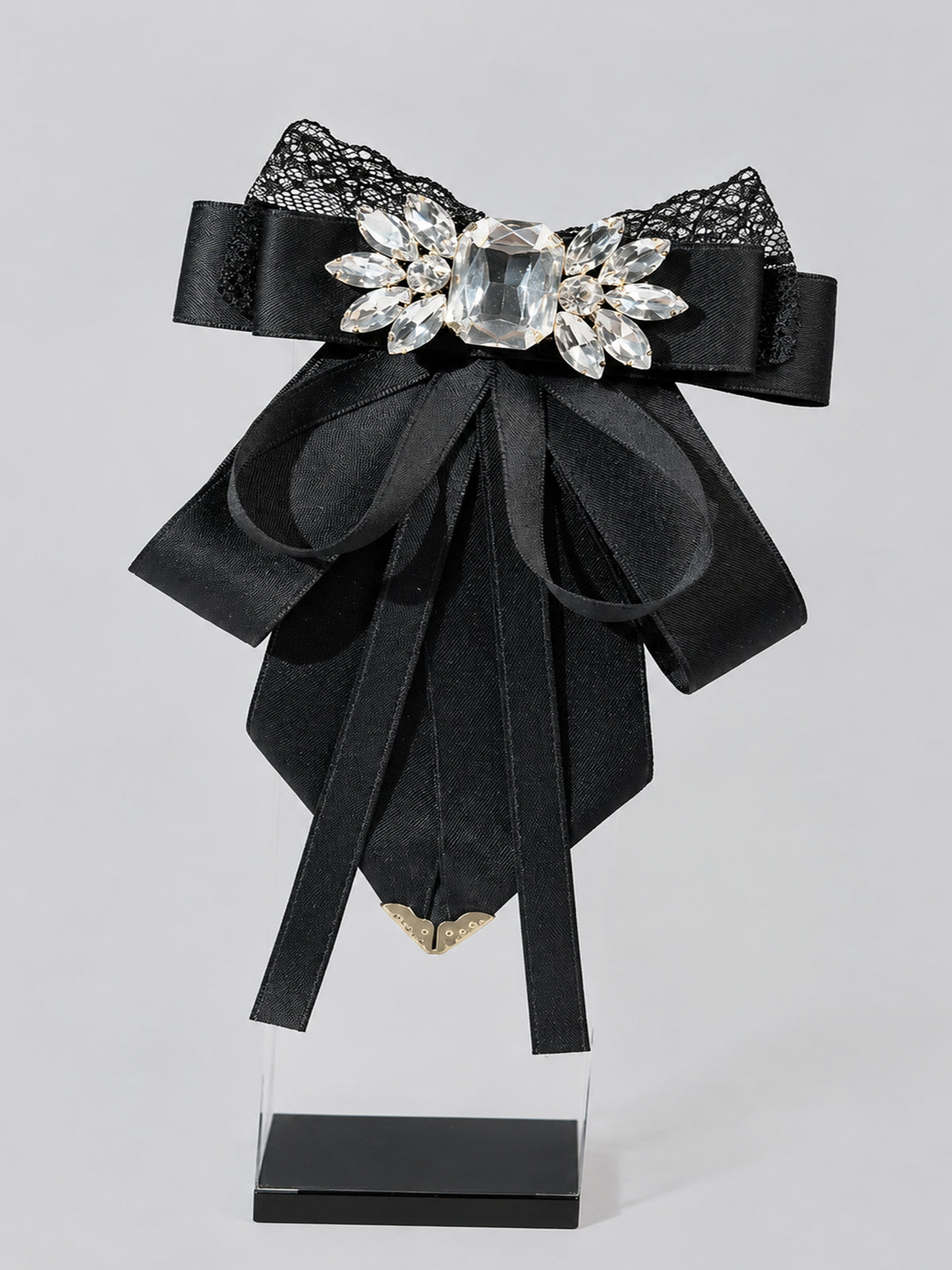 Savile PL000 Men's Crystal Rhinestone Lace Ribbon Bow Tie – Front flat lay