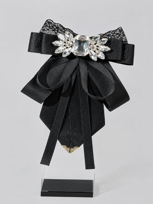 Savile PL000 Men's Crystal Rhinestone Lace Ribbon Bow Tie – Front flat lay