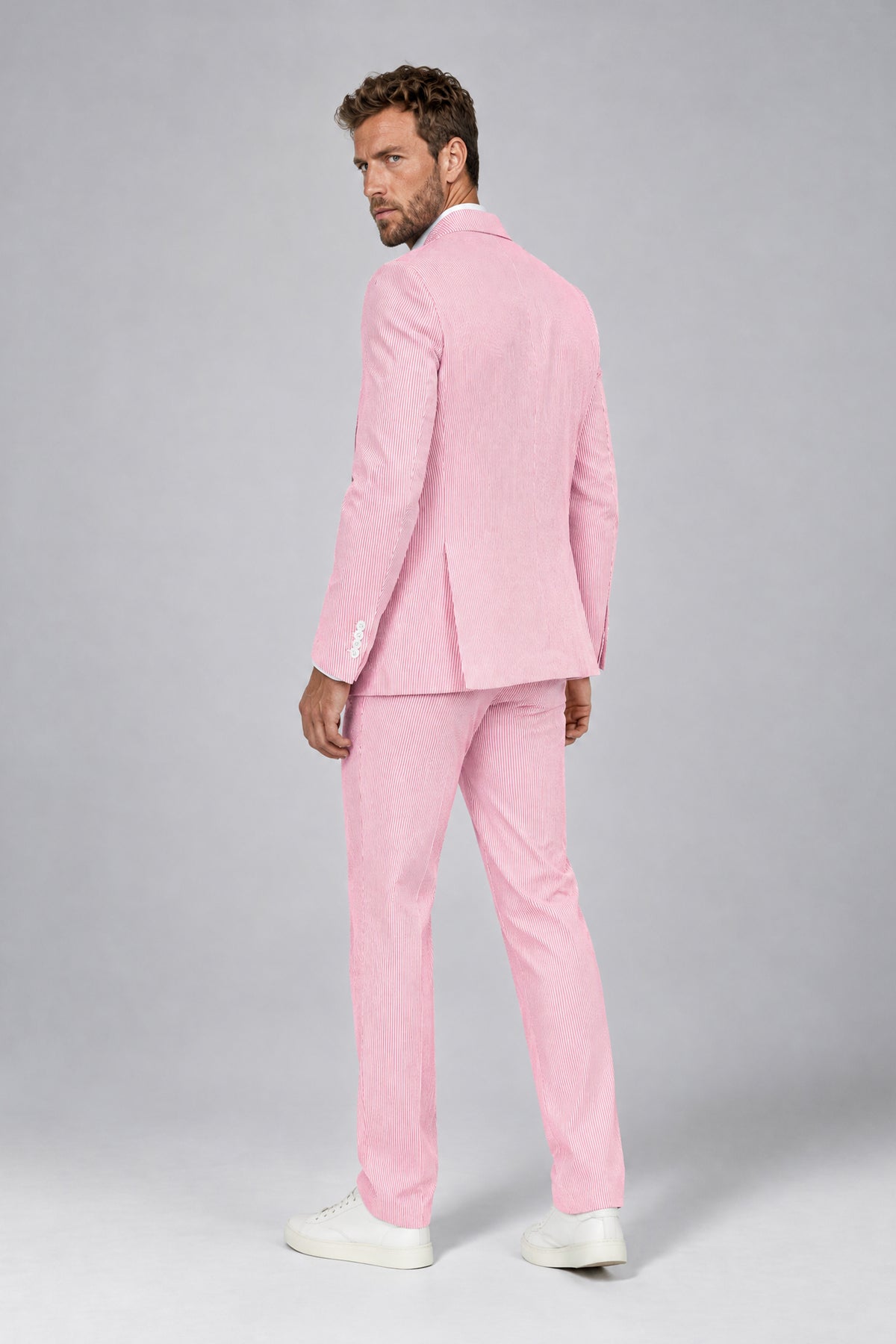 Savile Men's Blush Pink Striped 2-Piece Suit - Back view showing tailored fit and rear silhouette