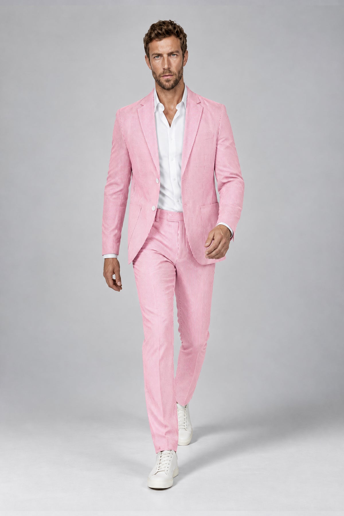 Savile Men's Blush Pink Striped 2-Piece Suit - Front standing hero view with notch lapel blazer and trousers