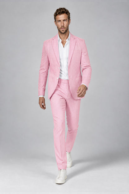 Savile Men's Blush Pink Striped 2-Piece Suit - Front standing hero view with notch lapel blazer and trousers