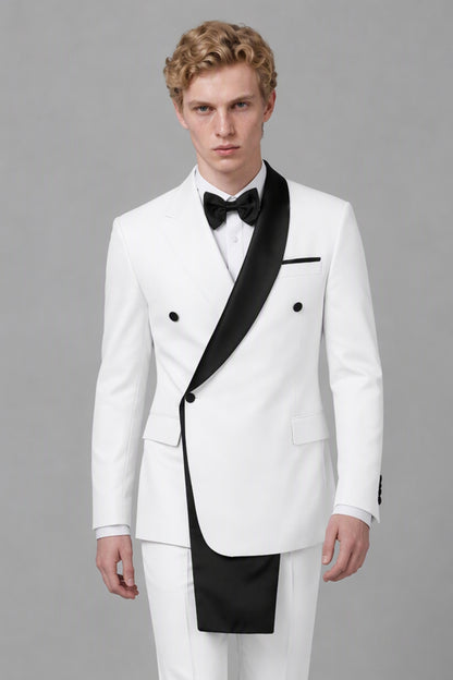 Men's White Double-Breasted Black Satin Shawl Lapel Tuxedo Suit Set | Blazer & Trousers
