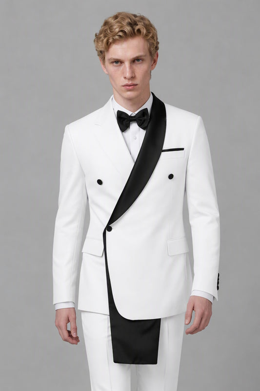 Men's White Double-Breasted Black Satin Shawl Lapel Tuxedo Suit Set | Blazer & Trousers