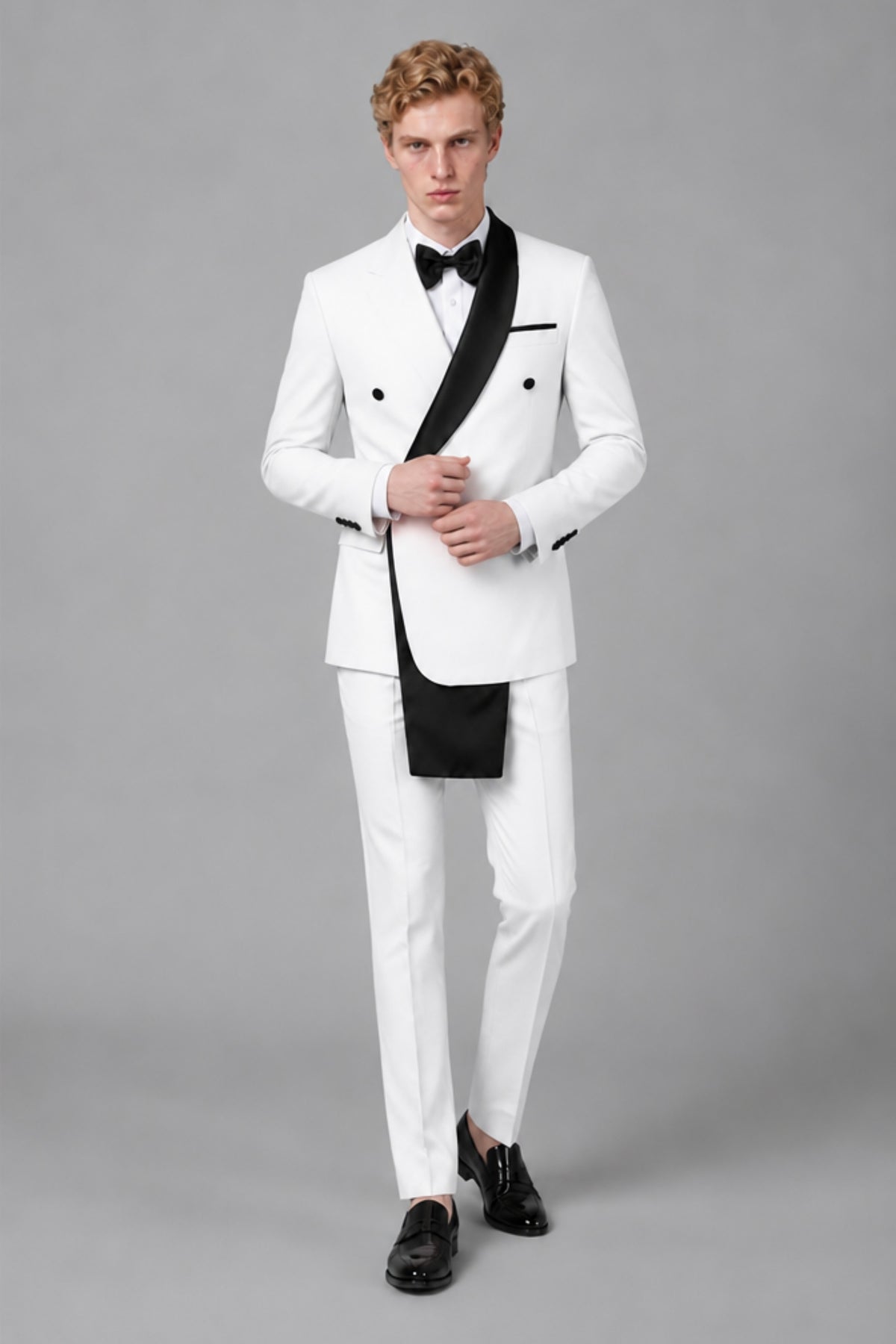 Men's White Double-Breasted Black Satin Shawl Lapel Tuxedo Suit Set | Blazer & Trousers