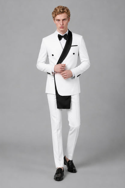 Men's White Double-Breasted Black Satin Shawl Lapel Tuxedo Suit Set | Blazer & Trousers