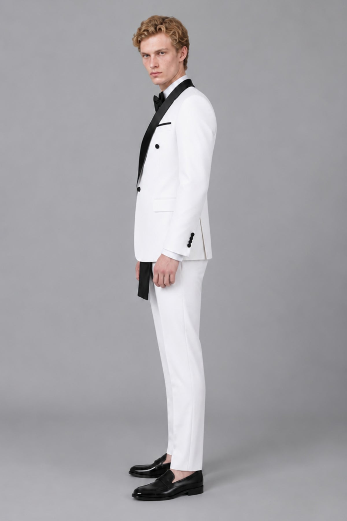 Men's White Double-Breasted Black Satin Shawl Lapel Tuxedo Suit Set | Blazer & Trousers