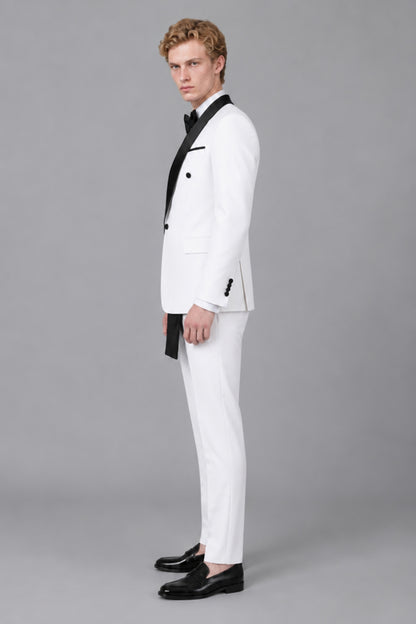Men's White Double-Breasted Black Satin Shawl Lapel Tuxedo Suit Set | Blazer & Trousers