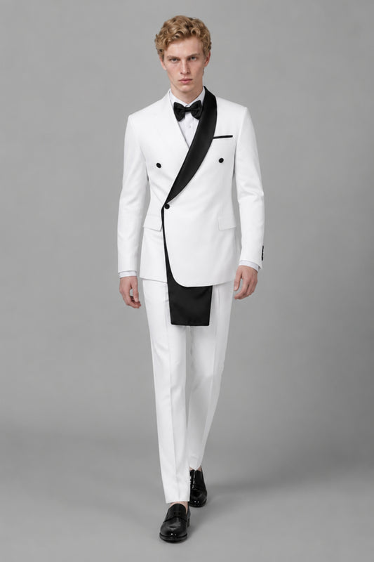 Men's White Double-Breasted Black Satin Shawl Lapel Tuxedo Suit Set | Blazer & Trousers