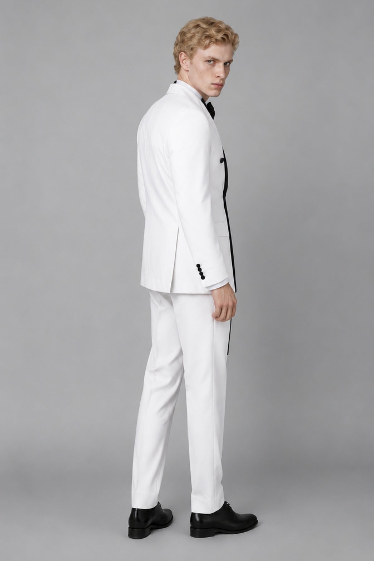 Men's White Double-Breasted Black Satin Shawl Lapel Tuxedo Suit Set | Blazer & Trousers