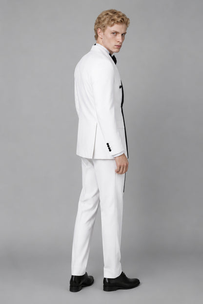 Men's White Double-Breasted Black Satin Shawl Lapel Tuxedo Suit Set | Blazer & Trousers