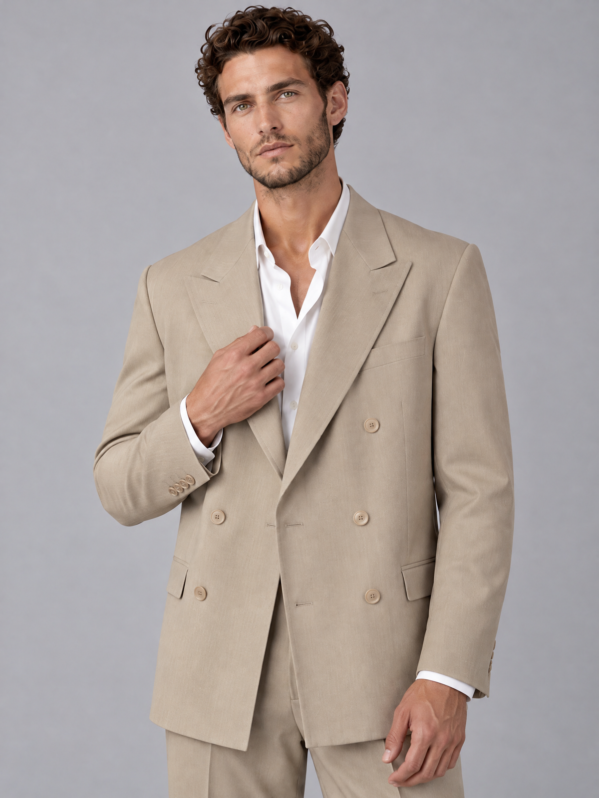 Savile Khaki Beige Double-Breasted 2-Piece Suit with Peak Lapel