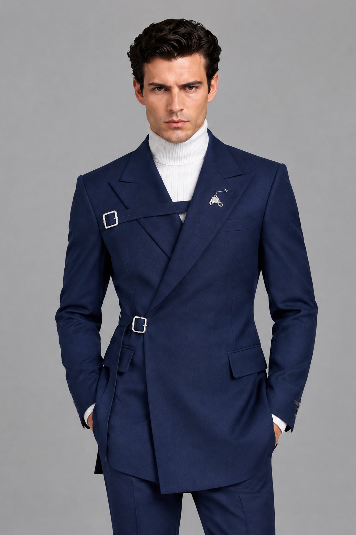 Savile Men's Navy Blue Double Buckle Wrap Suit - Rear Back View with Belt Strap