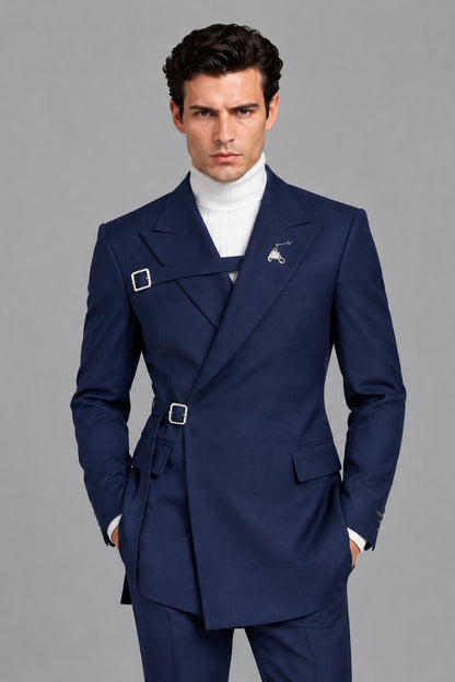 Savile Men's Navy Blue Double Buckle Wrap Suit - Rear Back View with Belt Strap