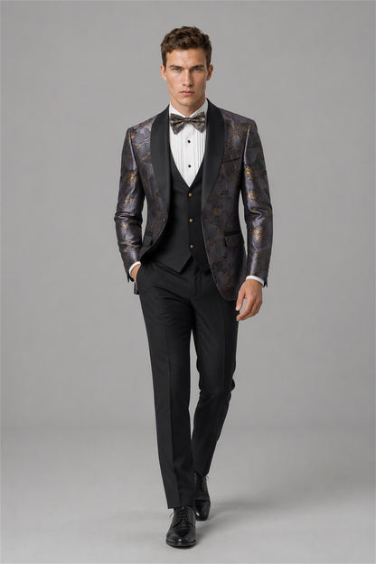 Men's Purple & Gold Floral Jacquard 3-Piece Tuxedo Suit Set | Blazer, Vest & Trousers