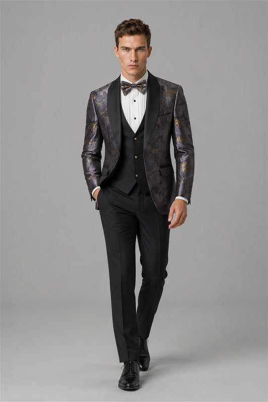 Men's Purple & Gold Floral Jacquard 3-Piece Tuxedo Suit Set | Blazer, Vest & Trousers