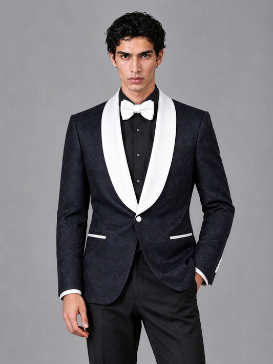 Savile Men's Navy Blue Jacquard White Shawl Lapel 2-Piece Tuxedo Suit Set | Jacket & Trousers
