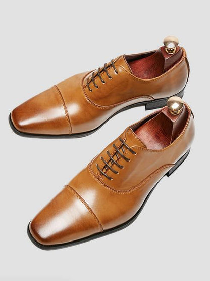 Savile men's burnished brown leather cap toe oxford dress shoes studio top-down view