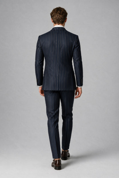 Savile QX0102 Men's Navy Blue Pinstripe Double-Breasted 2-Piece Suit - Front Full-Length Hero View
