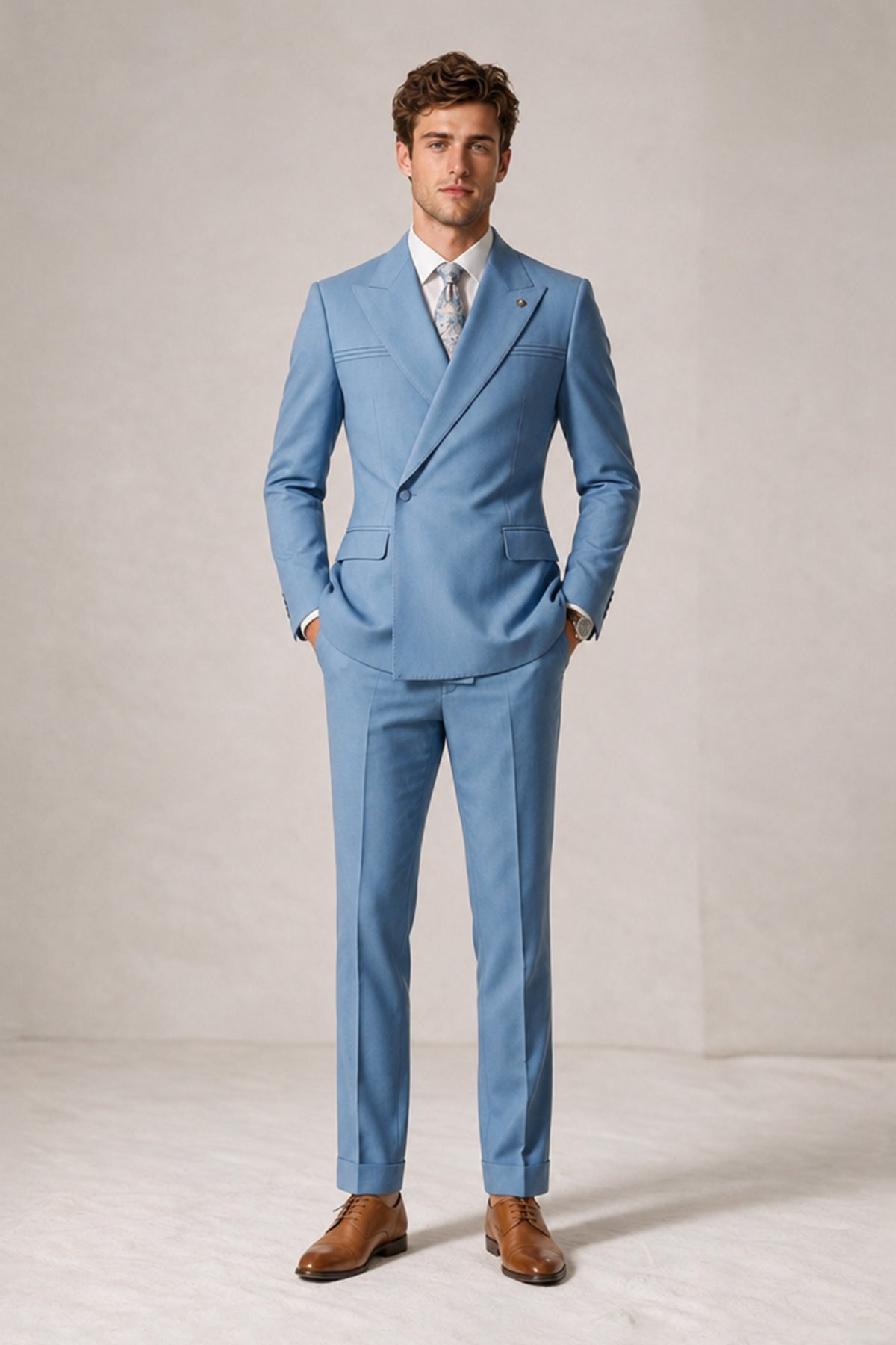 Savile Men's Sky Blue Double-Breasted Slim Fit 2-Piece Suit with Peak Lapels - Front View