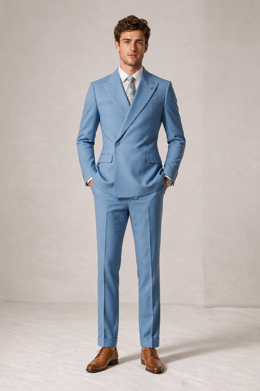 Savile Men's Sky Blue Double-Breasted Slim Fit 2-Piece Suit with Peak Lapels - Front View