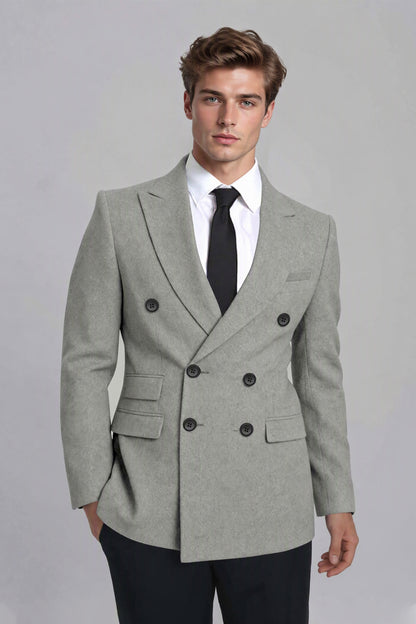 Savile Men's Light Grey Double-Breasted Blazer - Peak Lapel and Ticket Pocket Close-Up Detail