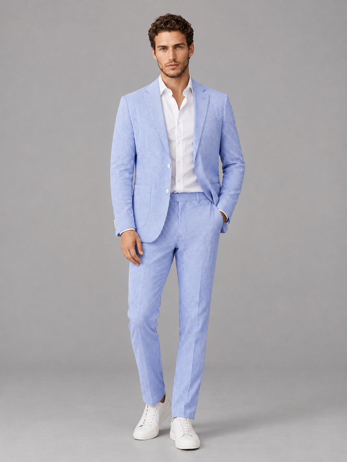 Men's Light Blue Striped 2-Piece Suit Set – Notch Lapel Blazer & Tailored Trousers