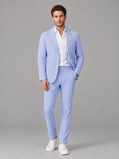 Men's Light Blue Striped 2-Piece Suit Set – Notch Lapel Blazer & Tailored Trousers
