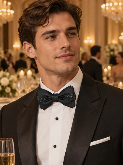 Savile PL0101 Men's Rhinestone Double-Layer Bow Tie - Styled on Collar with Navy Suit