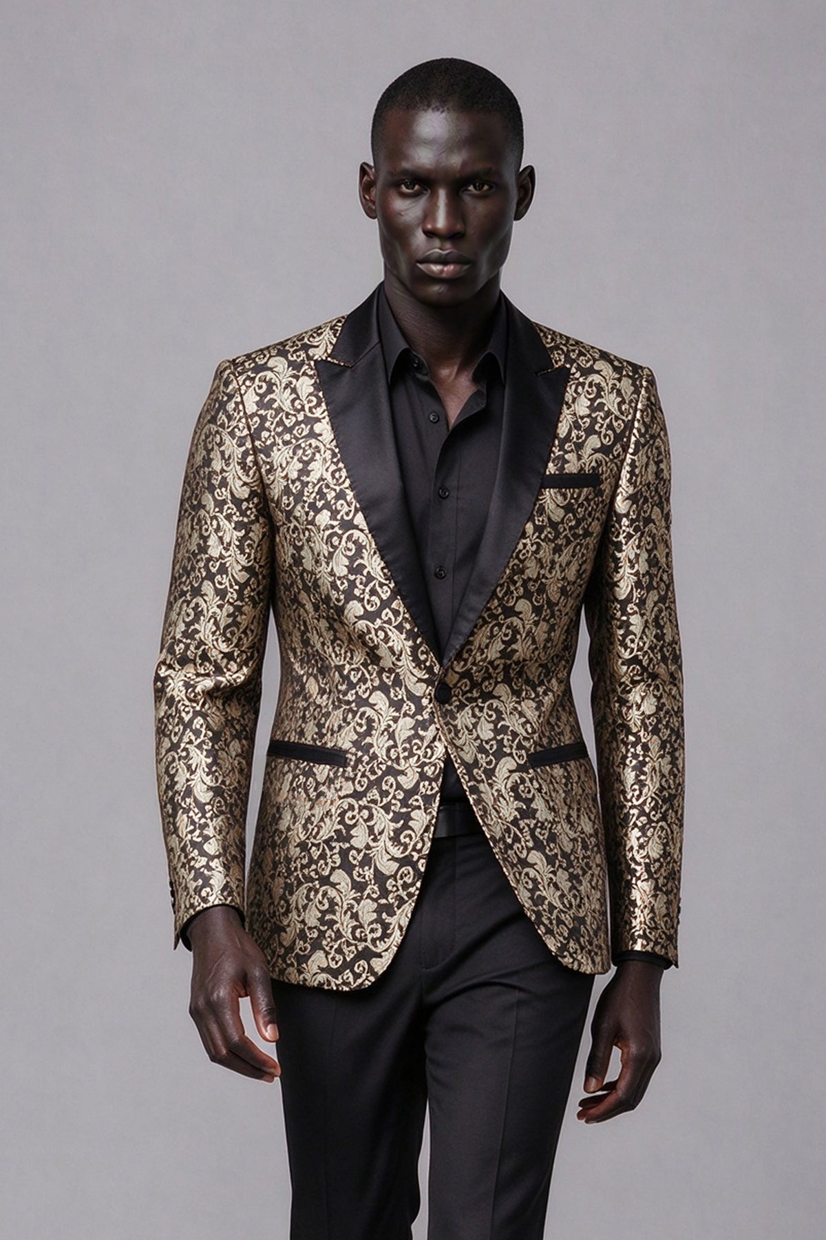 Savile Men's Black & Gold Jacquard Tuxedo Jacket | Slim-Fit Blazer with Peak Lapel
