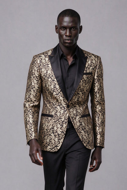 Savile Men's Black & Gold Jacquard Tuxedo Jacket | Slim-Fit Blazer with Peak Lapel