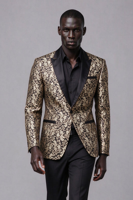 Savile Men's Black & Gold Jacquard Tuxedo Jacket | Slim-Fit Blazer with Peak Lapel