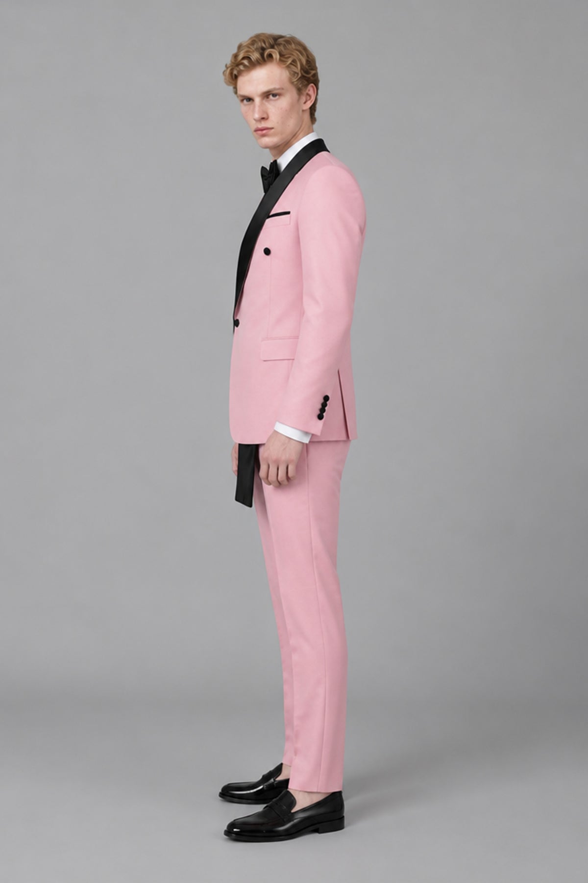 Men's Pink Double-Breasted Black Satin Shawl Lapel Tuxedo Suit Set | Blazer & Trousers