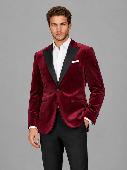 Savile Men's Burgundy Velvet Peak Lapel 2-Piece Tuxedo Suit Set | Jacket & Trousers