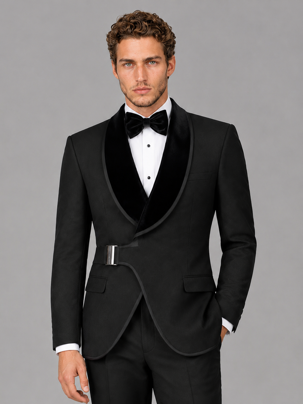 Savile Men's Black Velvet Shawl Lapel Tuxedo Suit – Modern Side-Buckle Dinner Jacket & Trousers 2-Piece Set