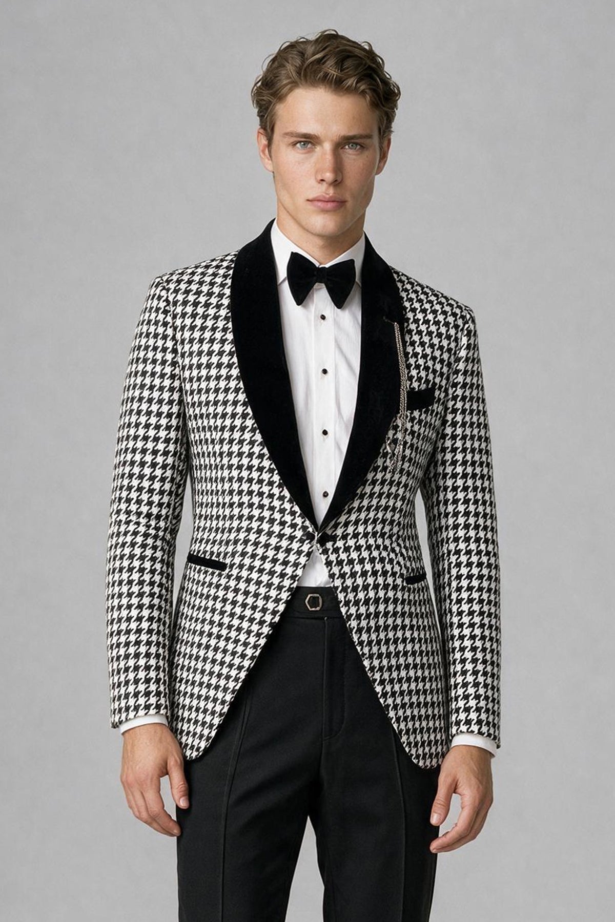 Savile Men's Black & White Houndstooth Velvet Shawl Lapel 2-Piece Tuxedo Suit - Wedding & Prom Blazer & Trousers