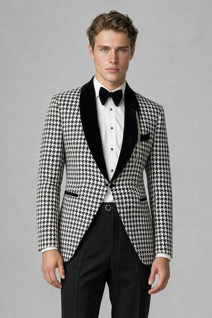 Savile Men's Black & White Houndstooth Velvet Shawl Lapel 2-Piece Tuxedo Suit - Wedding & Prom Blazer & Trousers