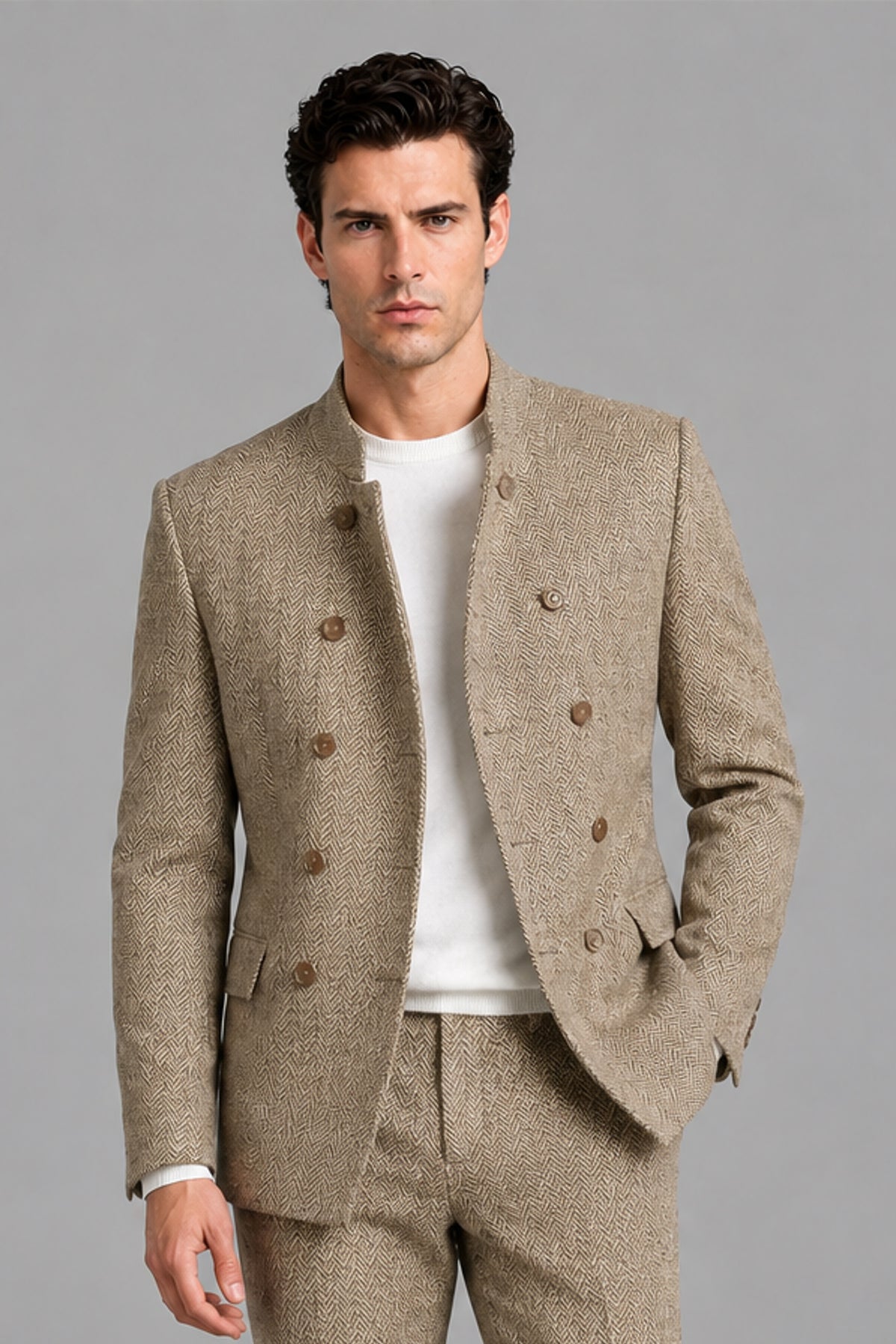 Close-up of Savile Men's Khaki Beige Jacket showing stand collar, horn buttons, and herringbone weave texture
