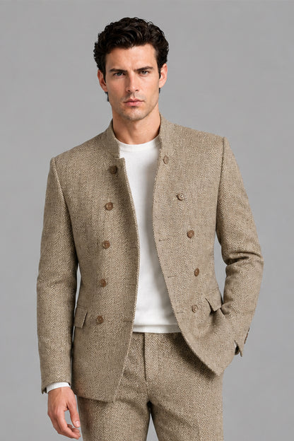 Close-up of Savile Men's Khaki Beige Jacket showing stand collar, horn buttons, and herringbone weave texture