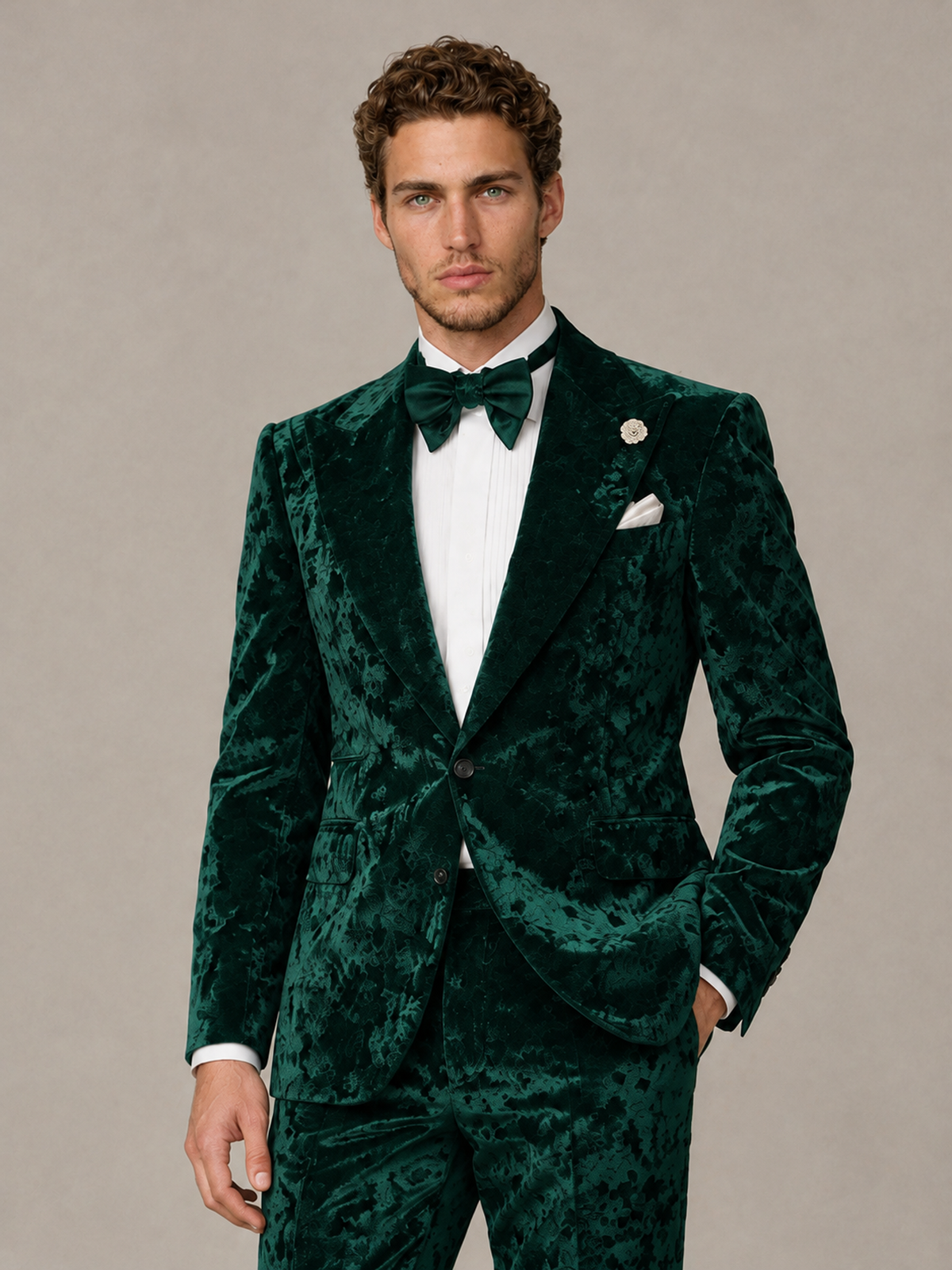 Savile Men's Emerald Green Crushed Velvet Peak Lapel 2-Piece Suit Set | Jacket & Trousers