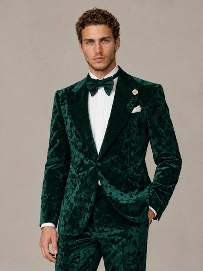 Savile Men's Emerald Green Crushed Velvet Peak Lapel 2-Piece Suit Set | Jacket & Trousers