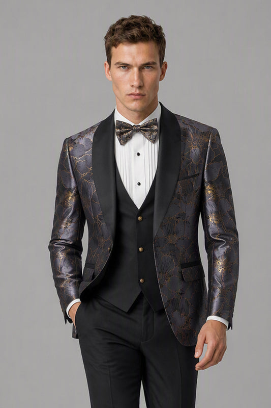 Men's Purple & Gold Floral Jacquard 3-Piece Tuxedo Suit Set | Blazer, Vest & Trousers