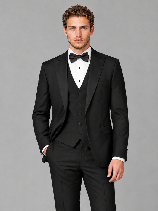 Savile Men's Black Peak Lapel 3-Piece Tuxedo Suit | Jacket, Vest & Trousers