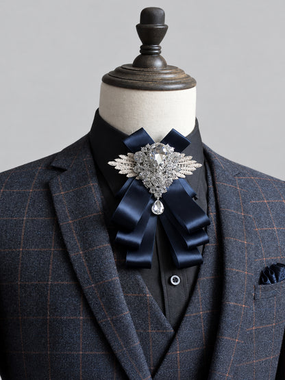 Savile PL0001 Men's Black Crystal Rhinestone Lace Ribbon Bow Tie on mannequin with navy suit
